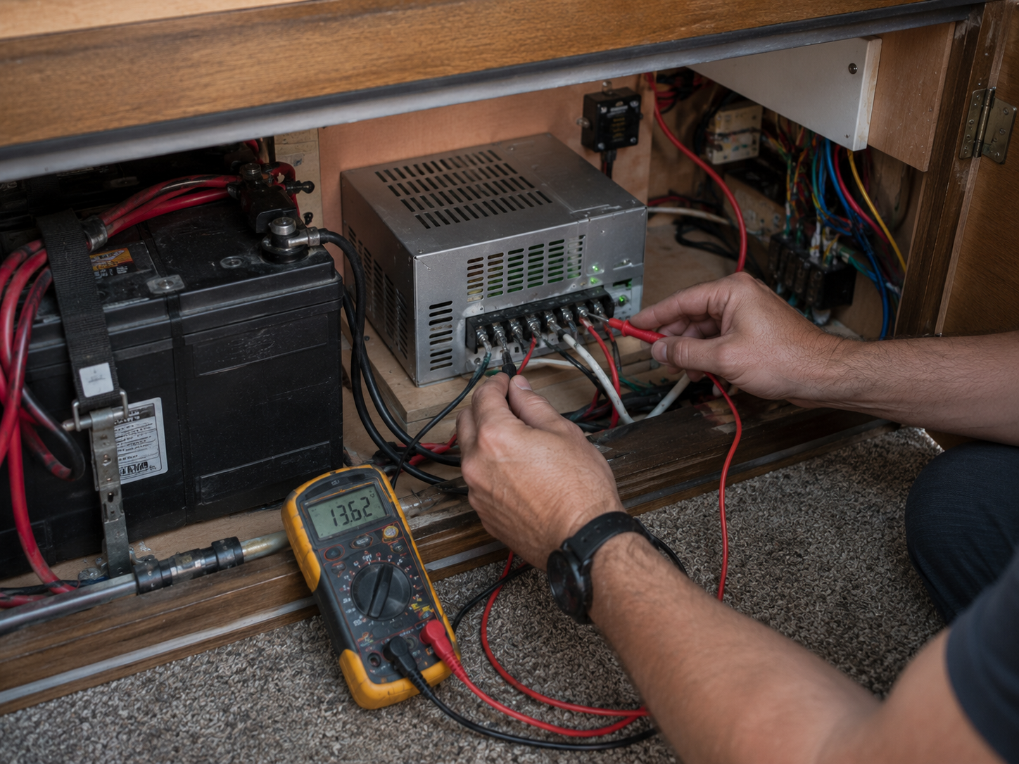 Technician testing wires inside an electrical cabinet with a multimeter under a counter