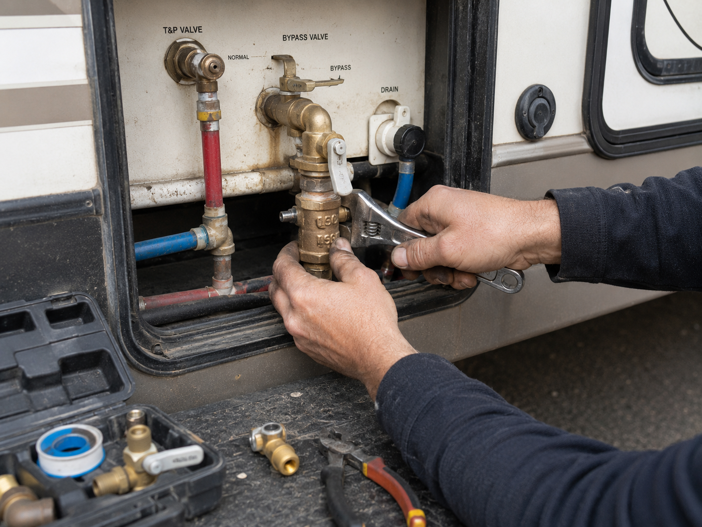 Hands adjusting a brass water valve in an RV utility compartment with hoses and tools nearby