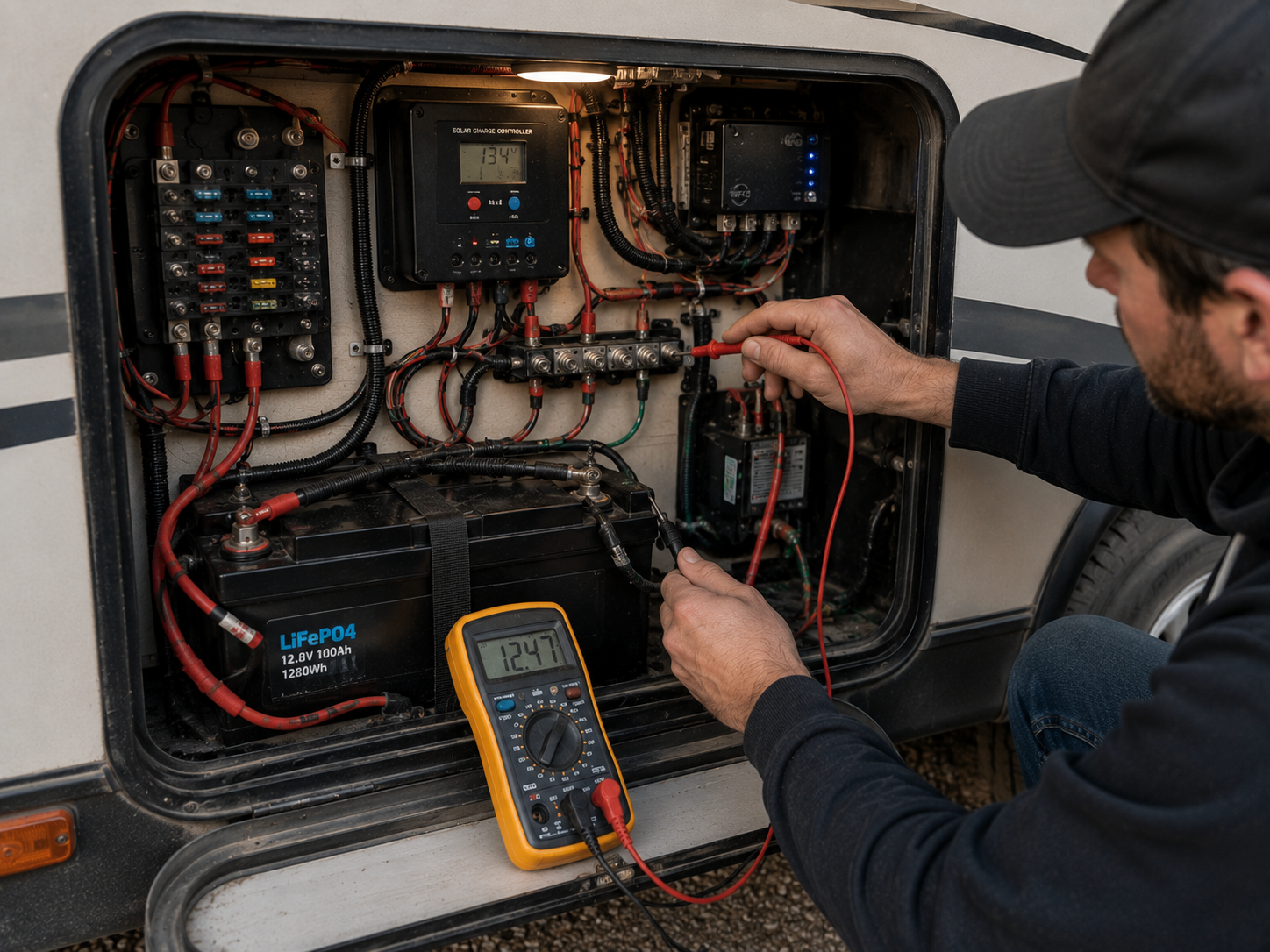 Technician testing wiring in an electrical panel with a multimeter, crouched beside open control boxes.