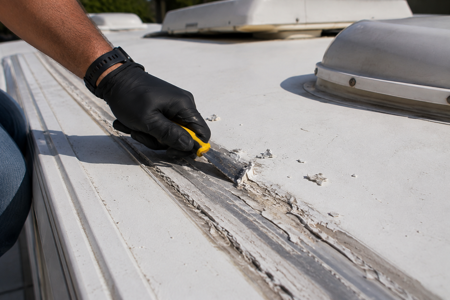 Gloved hand scraping old sealant from a damaged white roof seam with a utility knife.