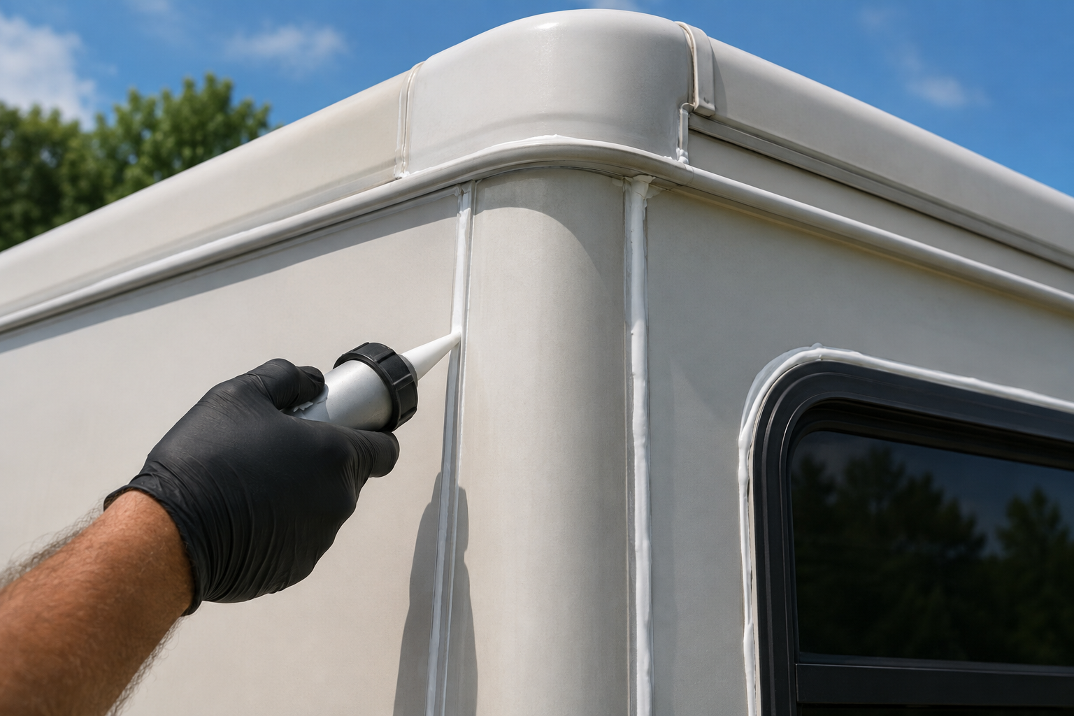 Gloved hand caulking the corner seam of a white RV near a window outdoors