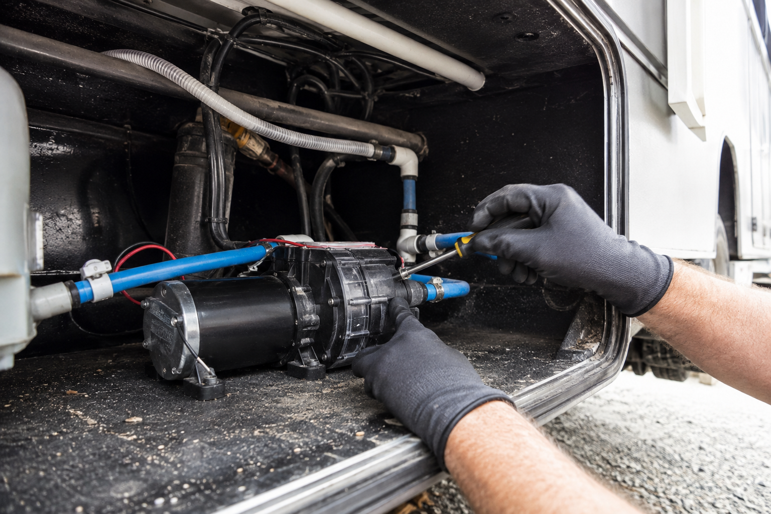 Gloved hands installing a black cylindrical water filter beneath a vehicle with blue tubing connected