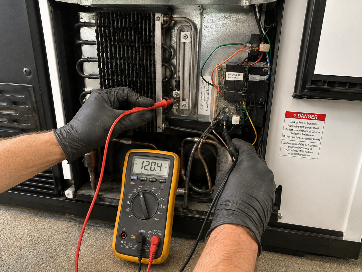 Technician testing wiring inside an electrical panel with a multimeter and red probes
