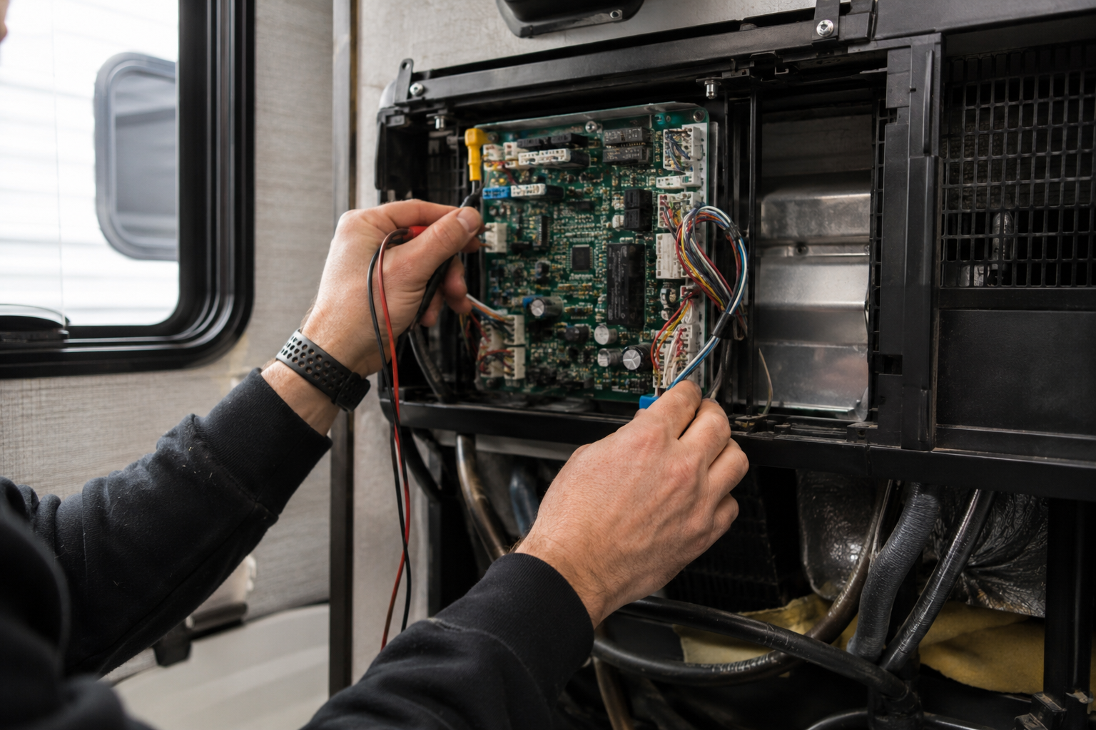 Hands repairing a circuit board inside a black RV cabinet with wires and tools visible