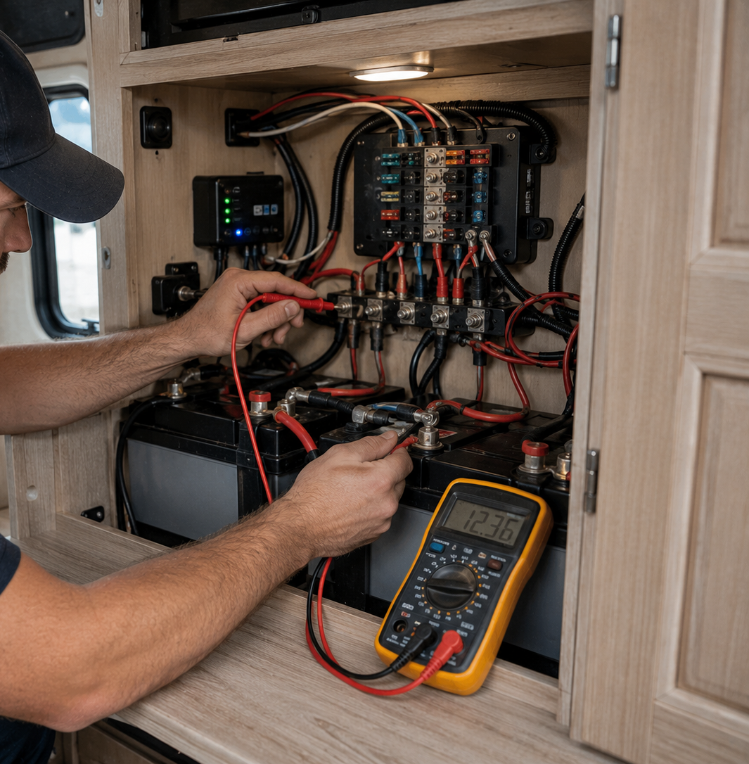 Technician testing RV electrical wiring with a multimeter in an open cabinet.