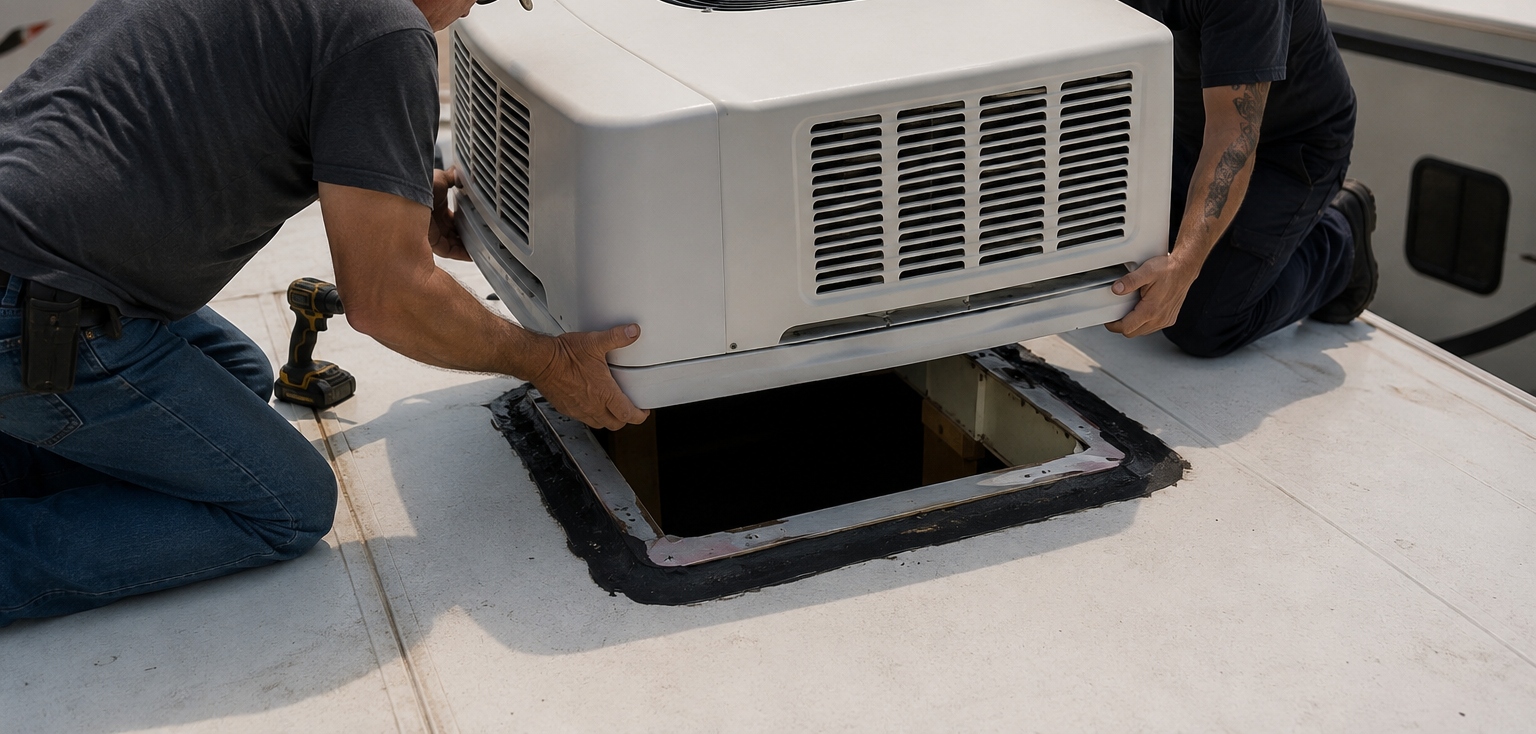 Person lowering a white rooftop HVAC unit into an open roof hatch