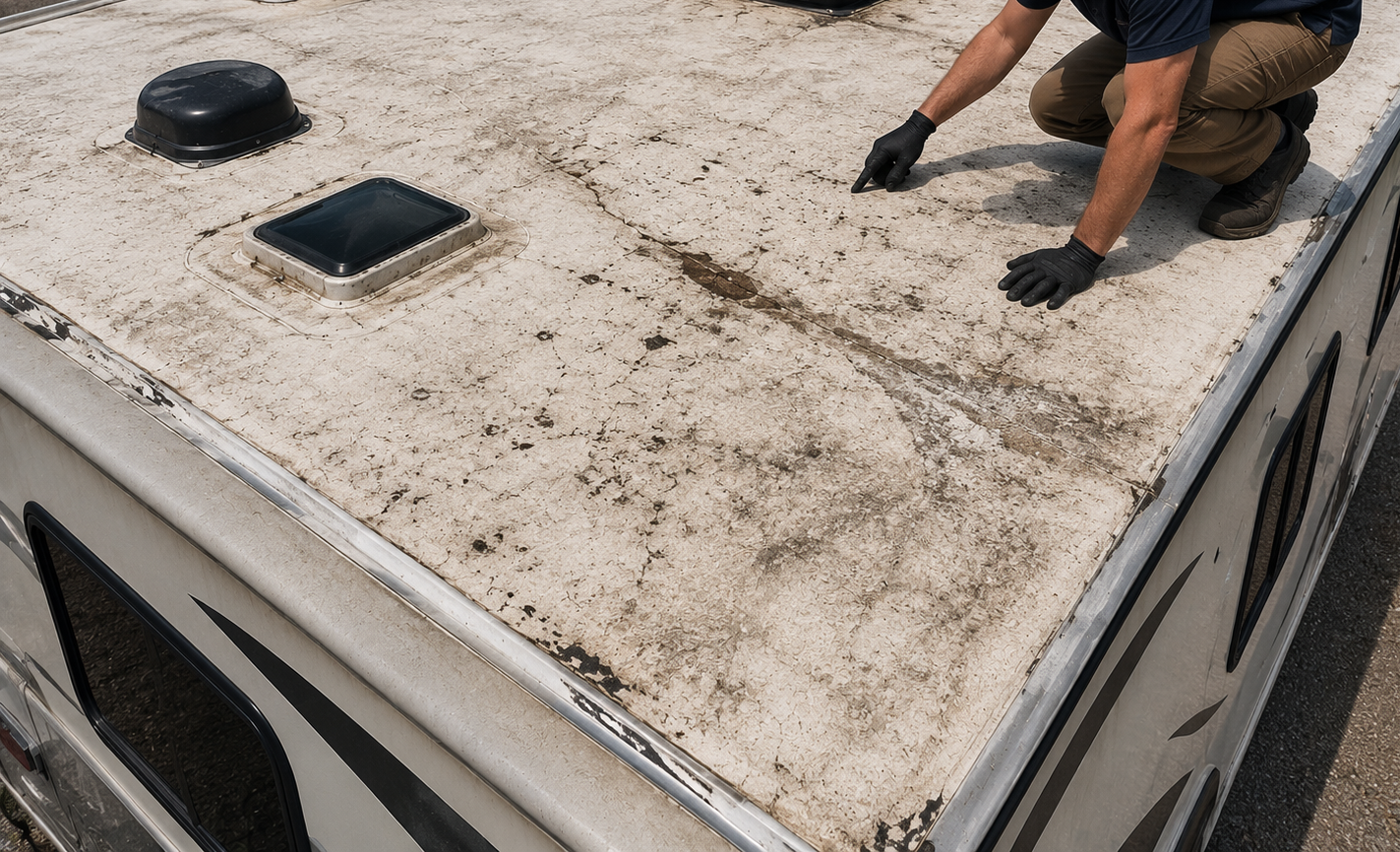 Dirty RV roof with a vent and a worker kneeling and cleaning it