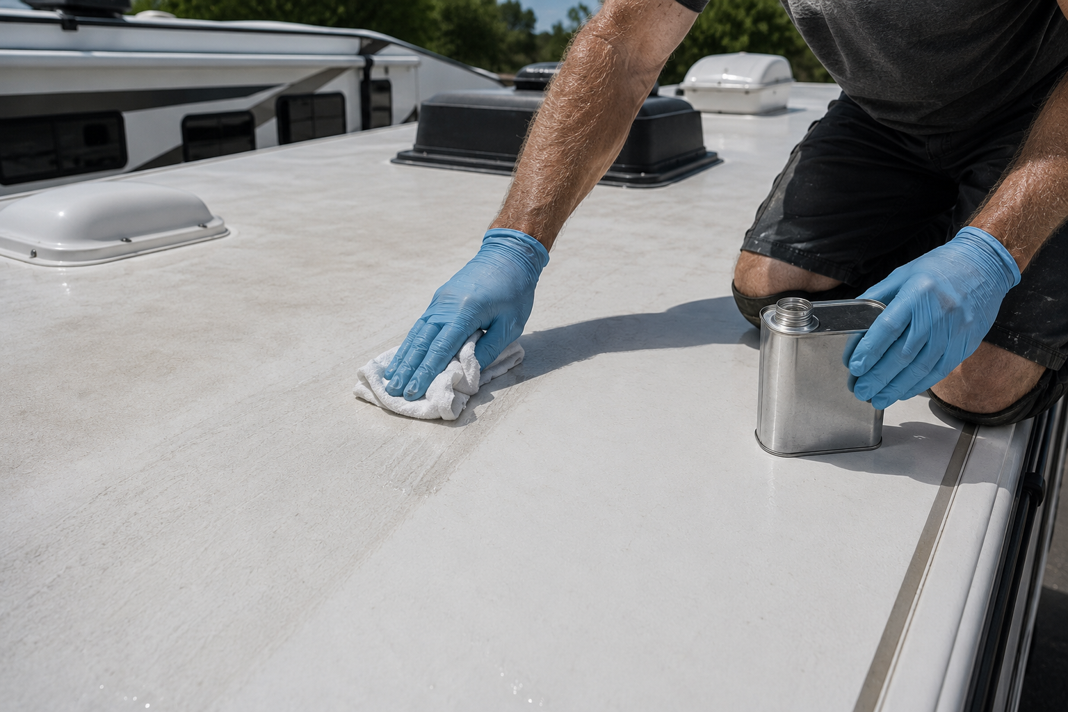 Person cleaning a white RV roof with a cloth and paint can