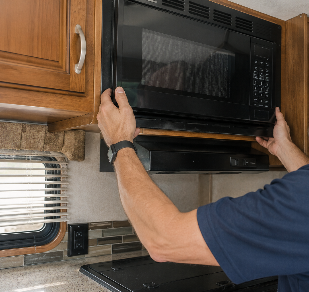 Person installing a black microwave above a stove in a kitchen