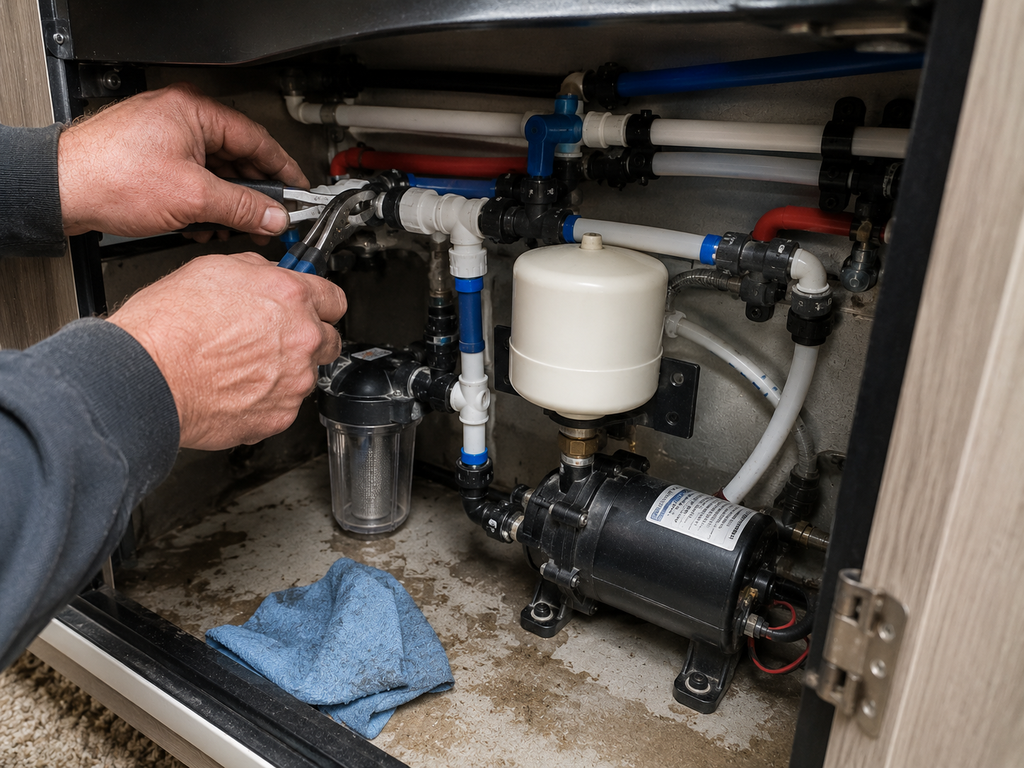 Person tightening plumbing pipes under a sink with tools and a blue cloth nearby.