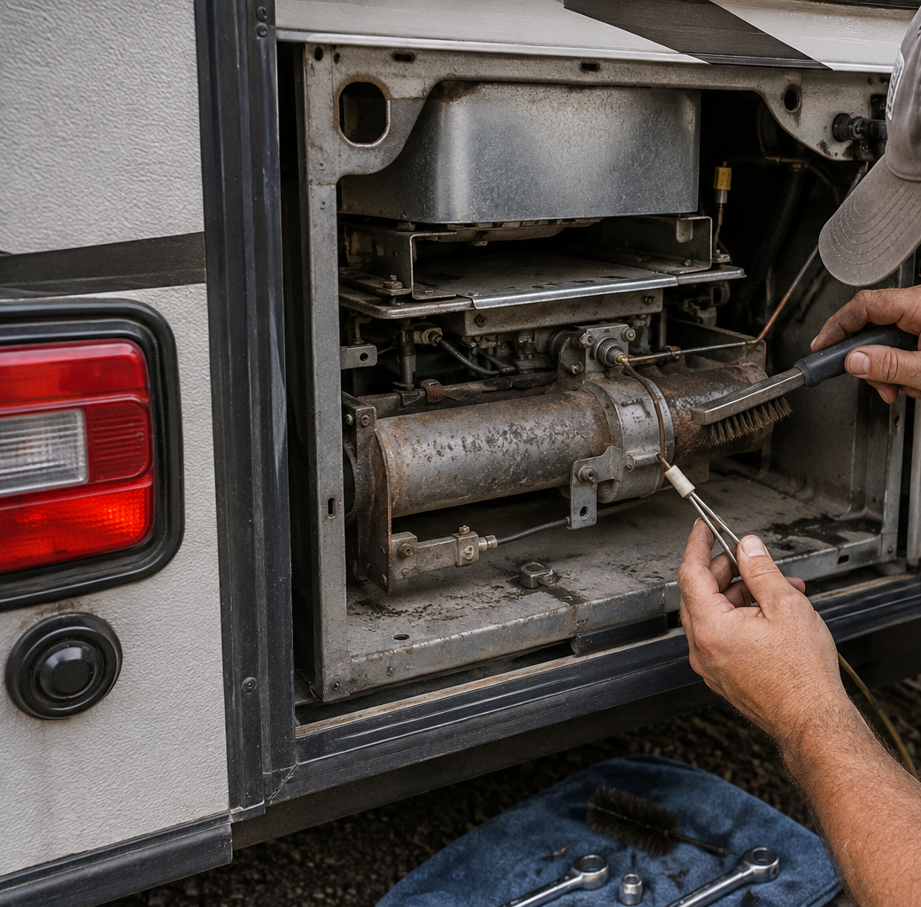 Hands repairing the exposed rear engine of a gray vehicle with tools.