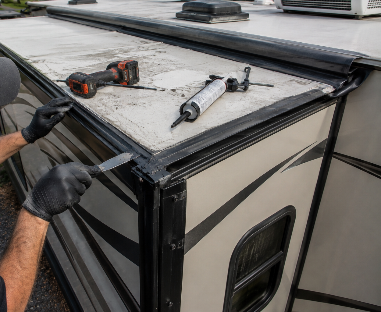 Gloved hands installing black trim on a beige camper roof with tools nearby