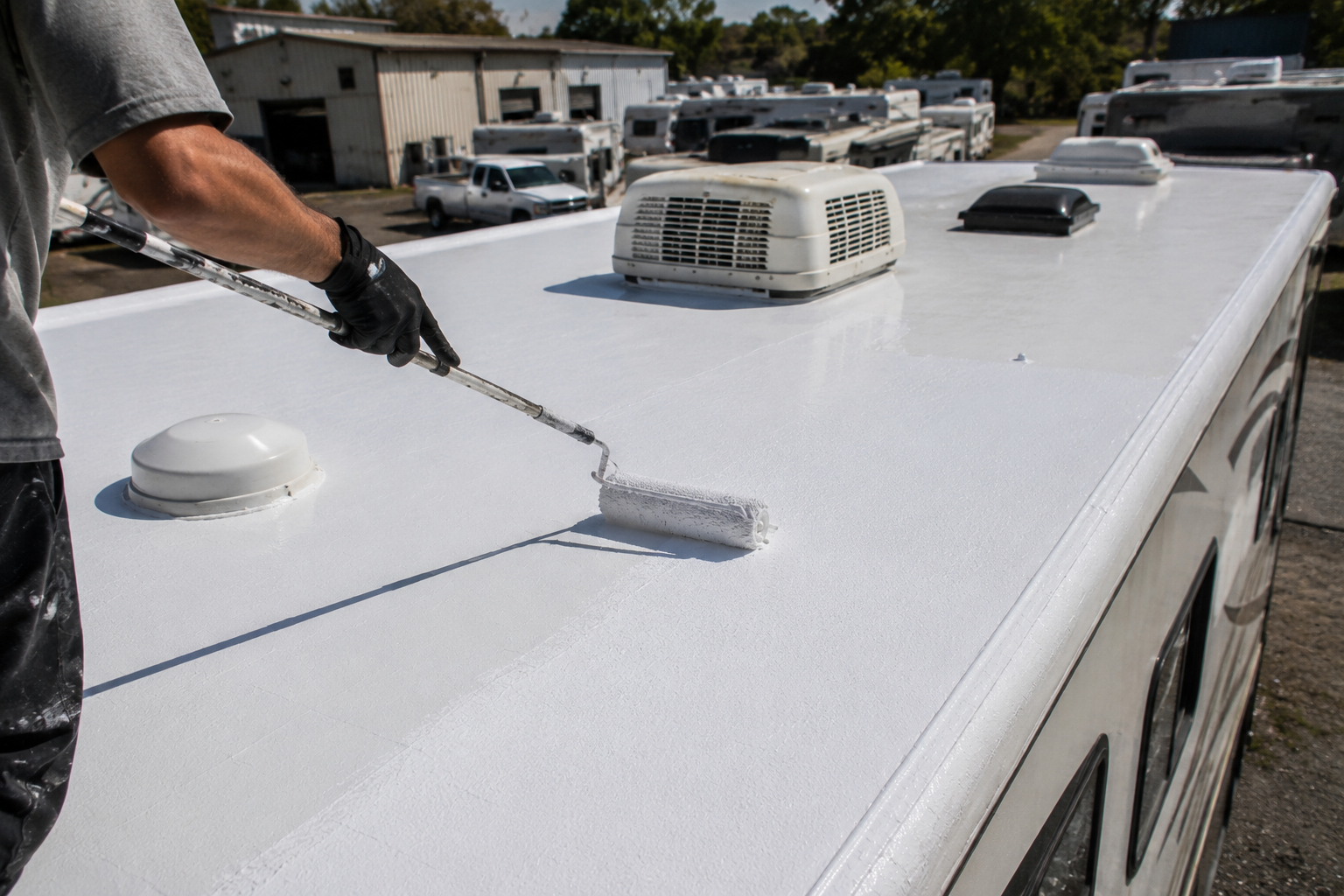 Person rolling white coating onto an RV roof outdoors