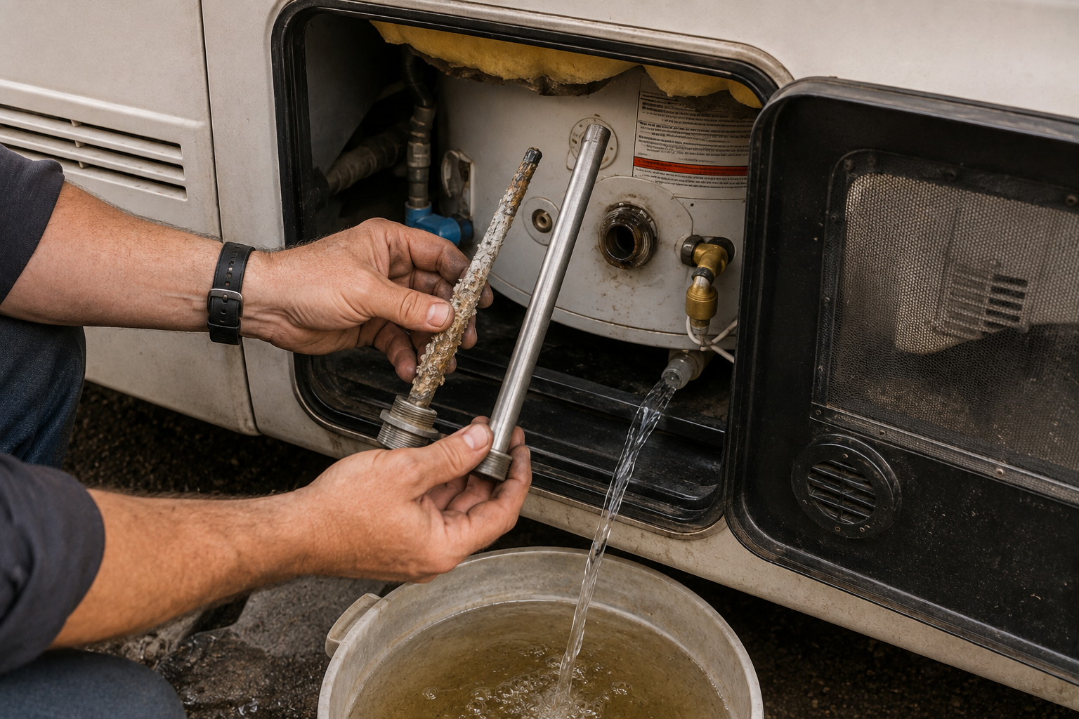 Hands draining water from a camper sink into a bucket