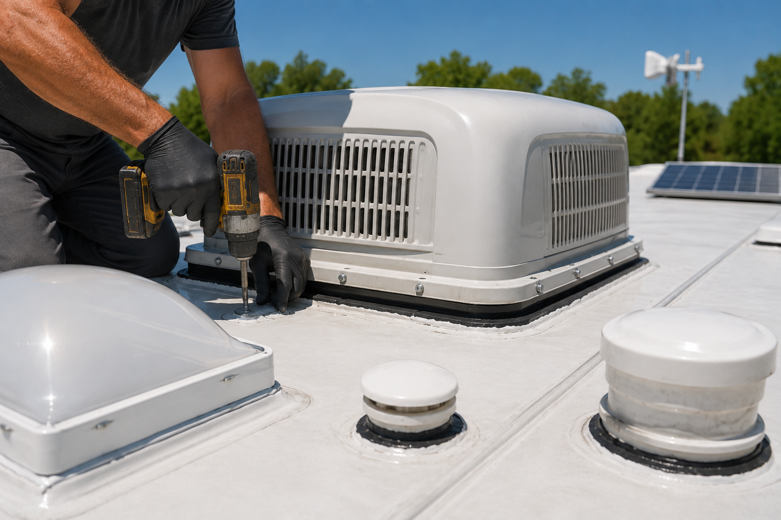 Worker repairing rooftop HVAC unit on a white commercial roof, with vent domes and solar panels nearby