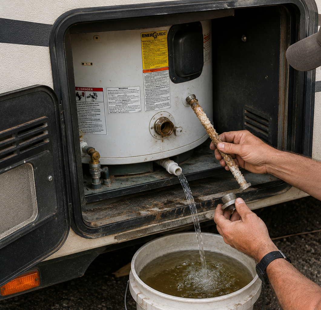 Person rinsing a water heater tank with a hose, bucket catching runoff inside an outdoor utility compartment