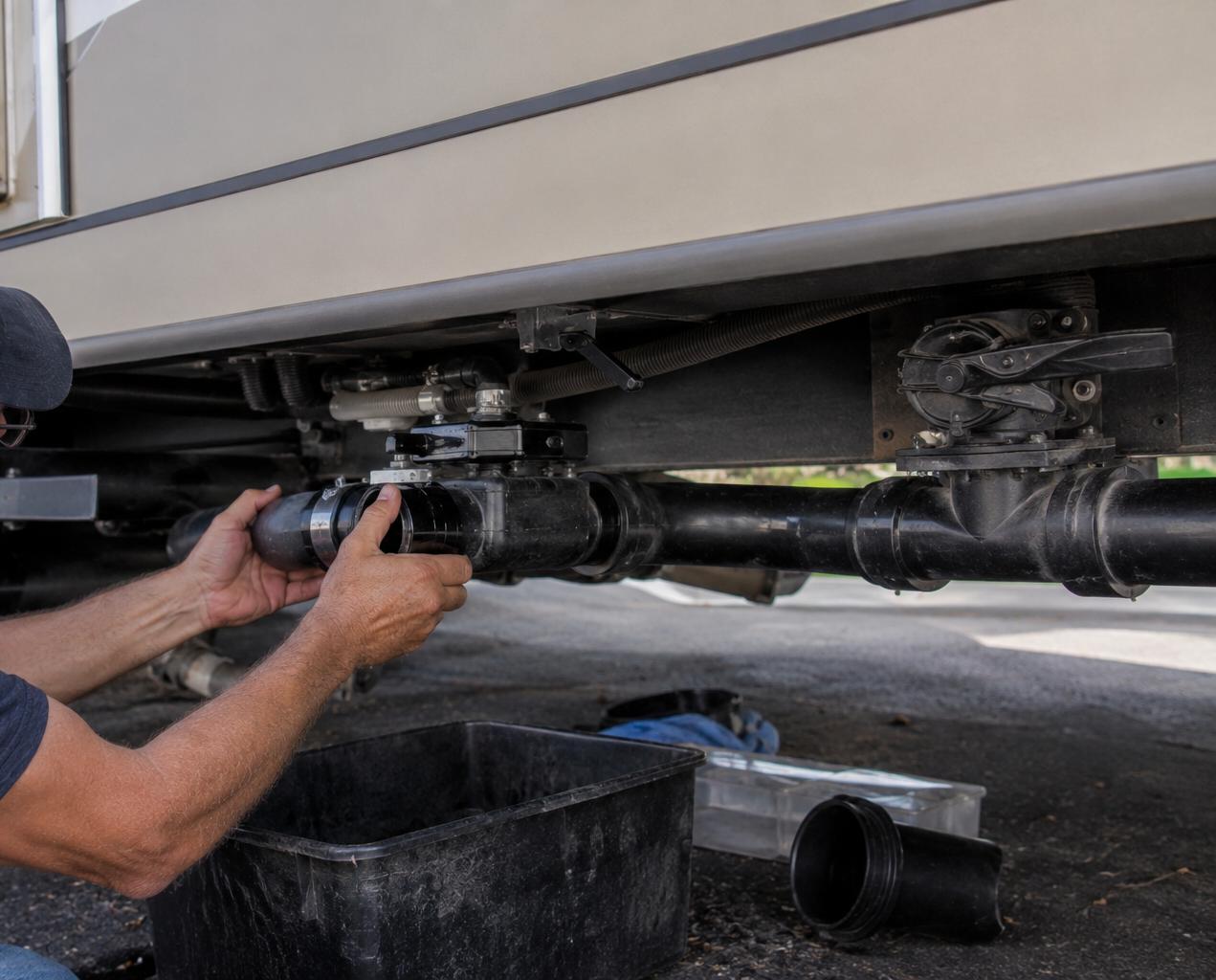 Hands working under a vehicle, adjusting black plumbing or mechanical pipes near a basin.
