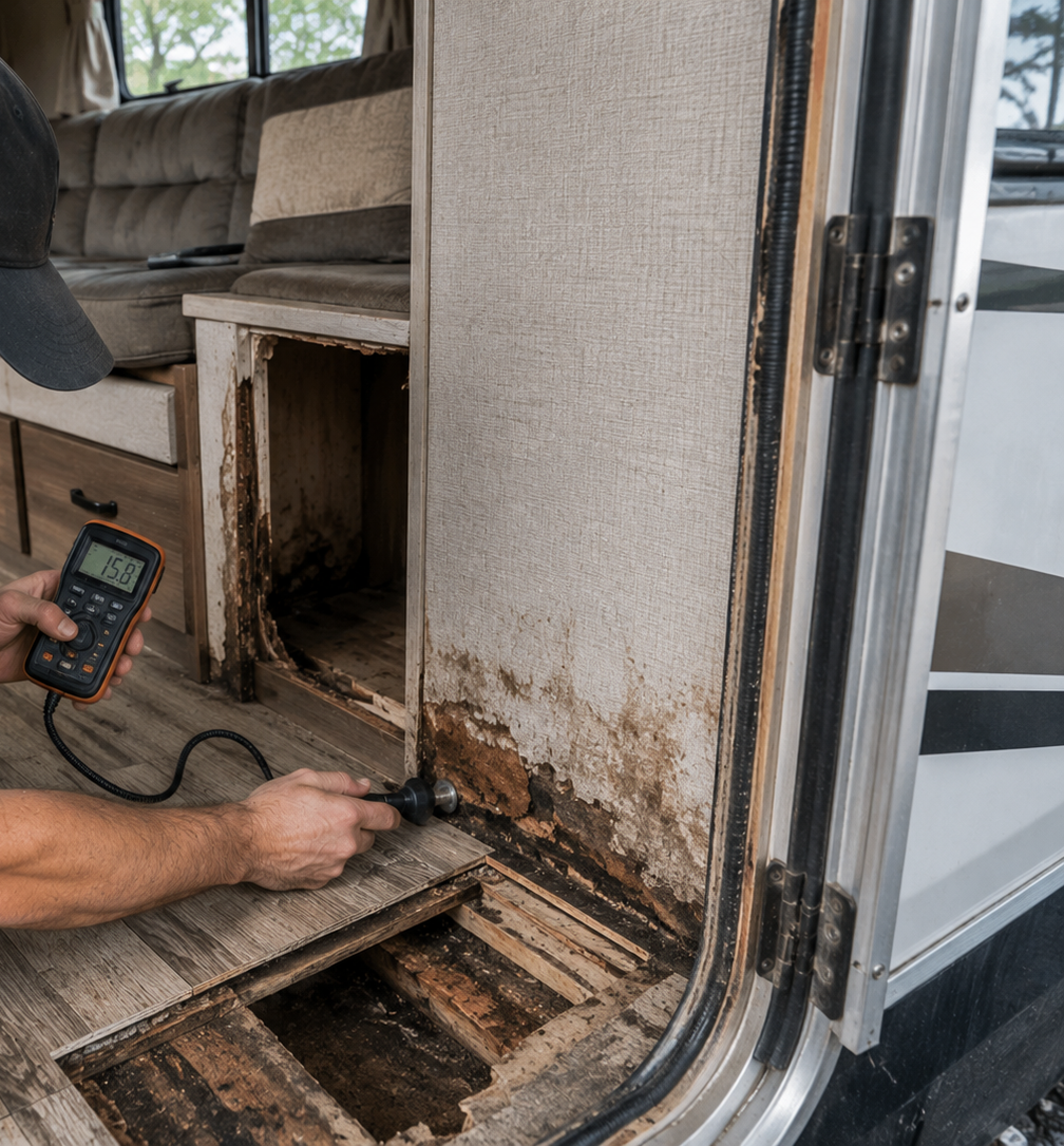 Technician inspecting water-damaged RV floor beside a sliding door, with tools and meter visible