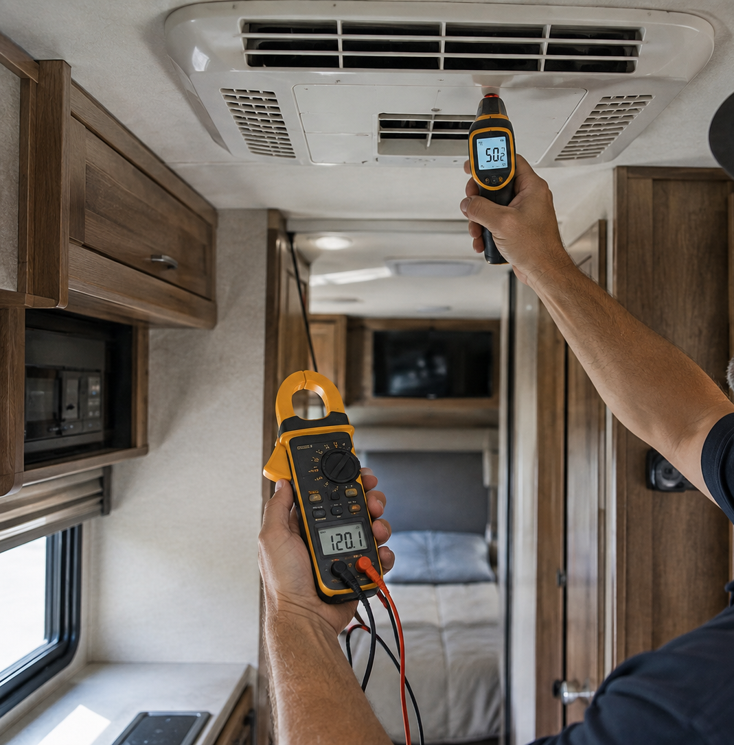Person using meters to inspect an RV ceiling vent and air conditioner