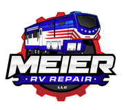 Meier RV Repair logo with red, white, and blue RV and bold text on a gear-shaped emblem