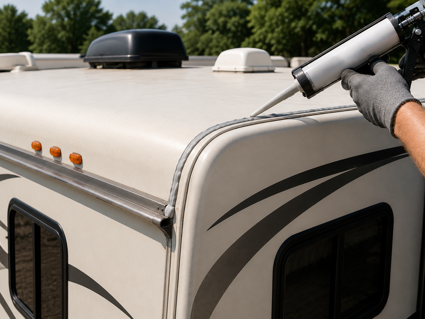 Person caulking the seam on a white RV roof with a gray sealant gun