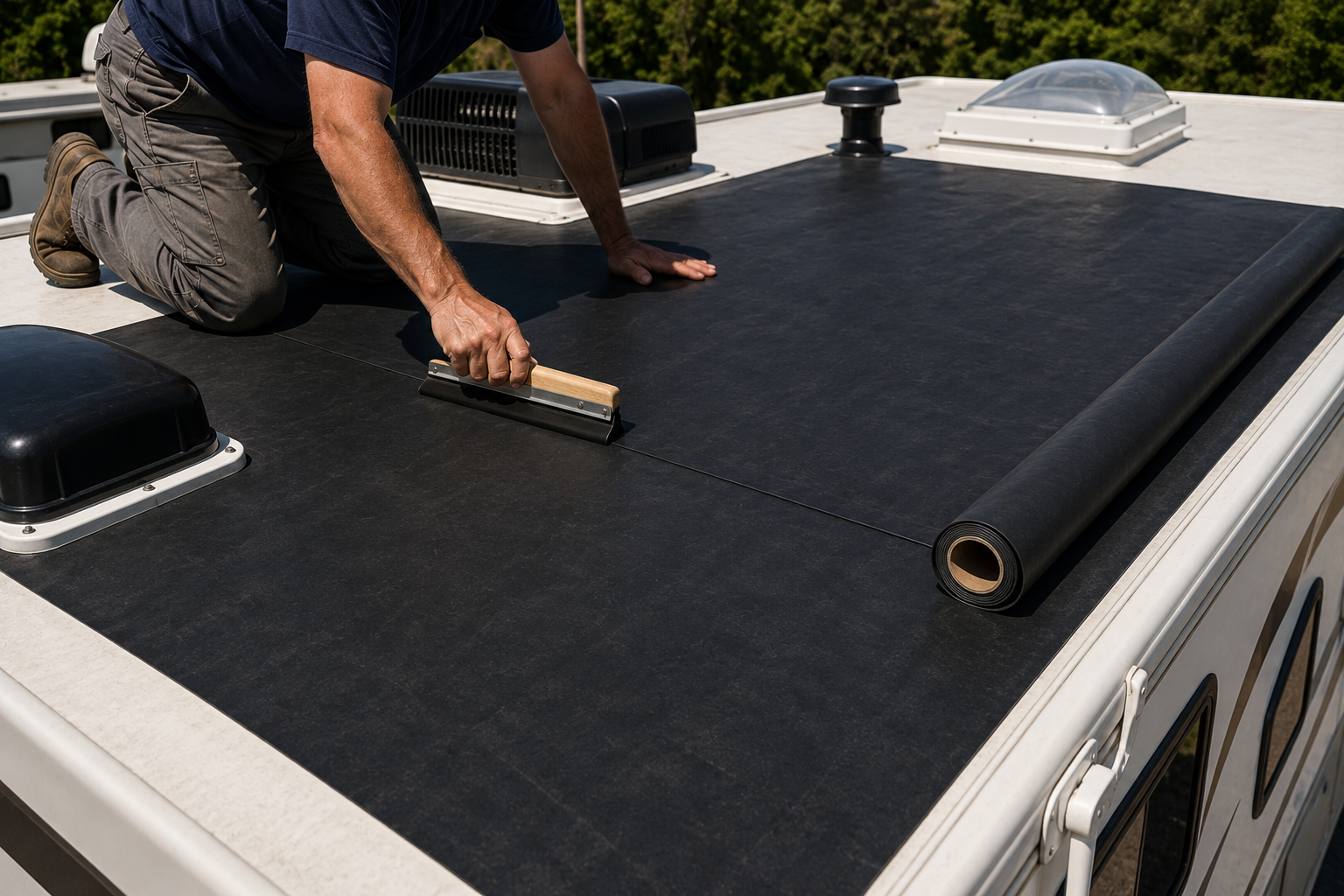 Man installing black roofing membrane on a white RV roof with a roller tool
