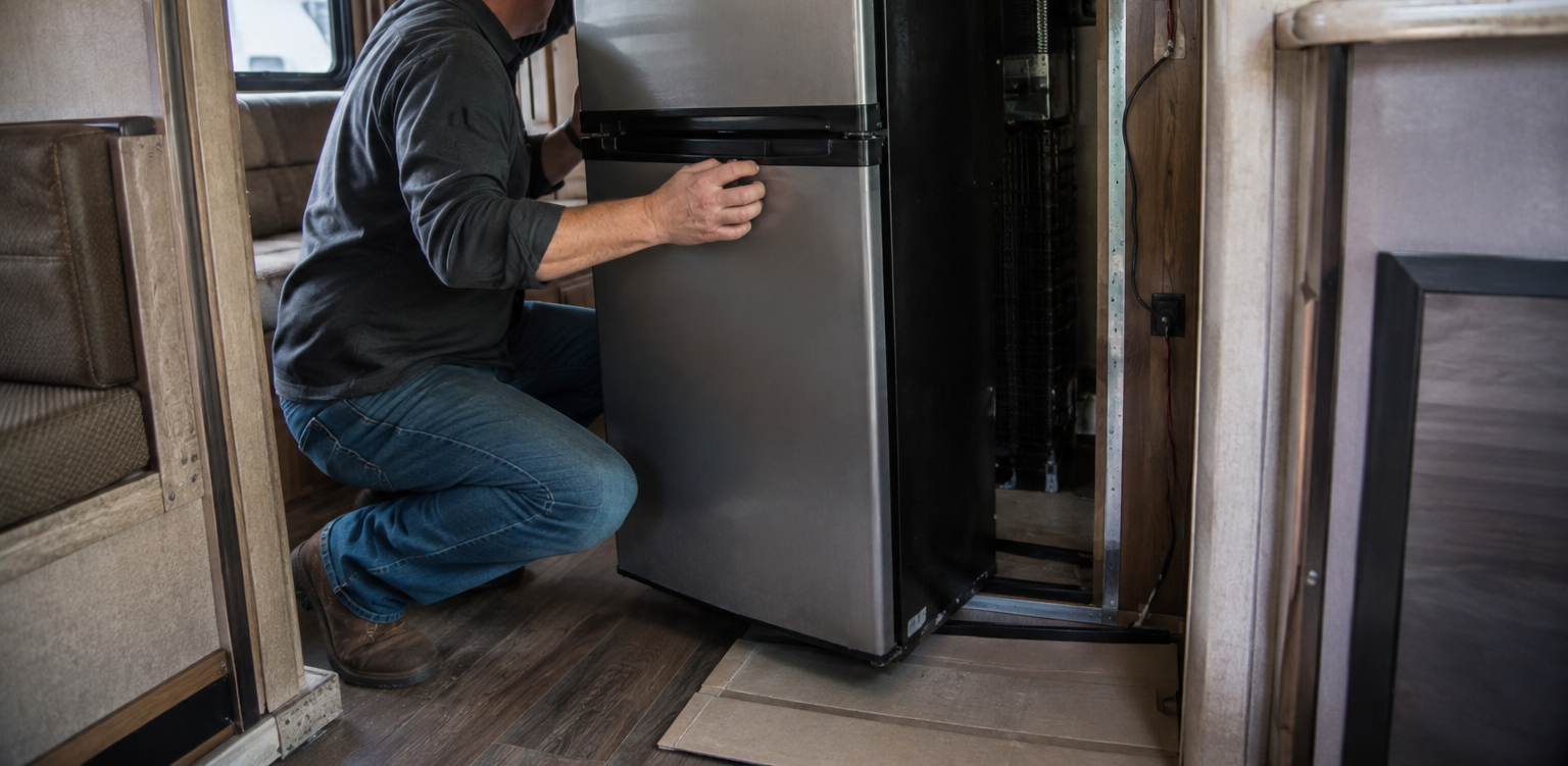 Person kneeling beside a refrigerator being pulled out in a narrow kitchen doorway