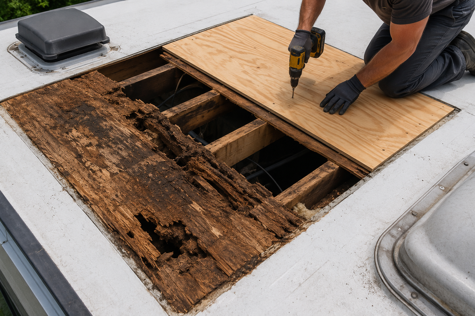 Worker replacing a rotted roof hatch on a white boat deck with a drill and new plywood panel