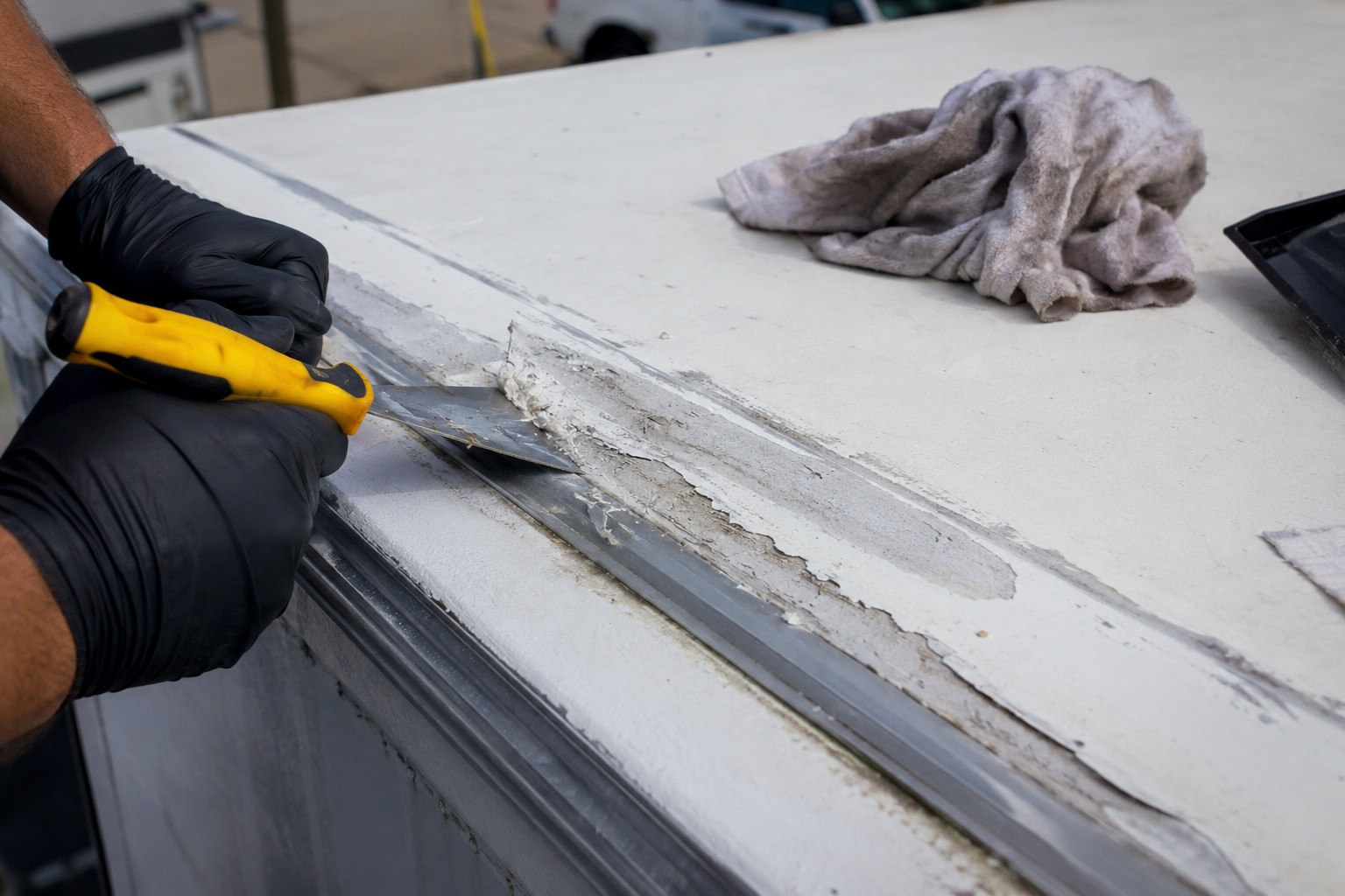 Gloved hands scraping old sealant from a white metal roof edge with a yellow tool.