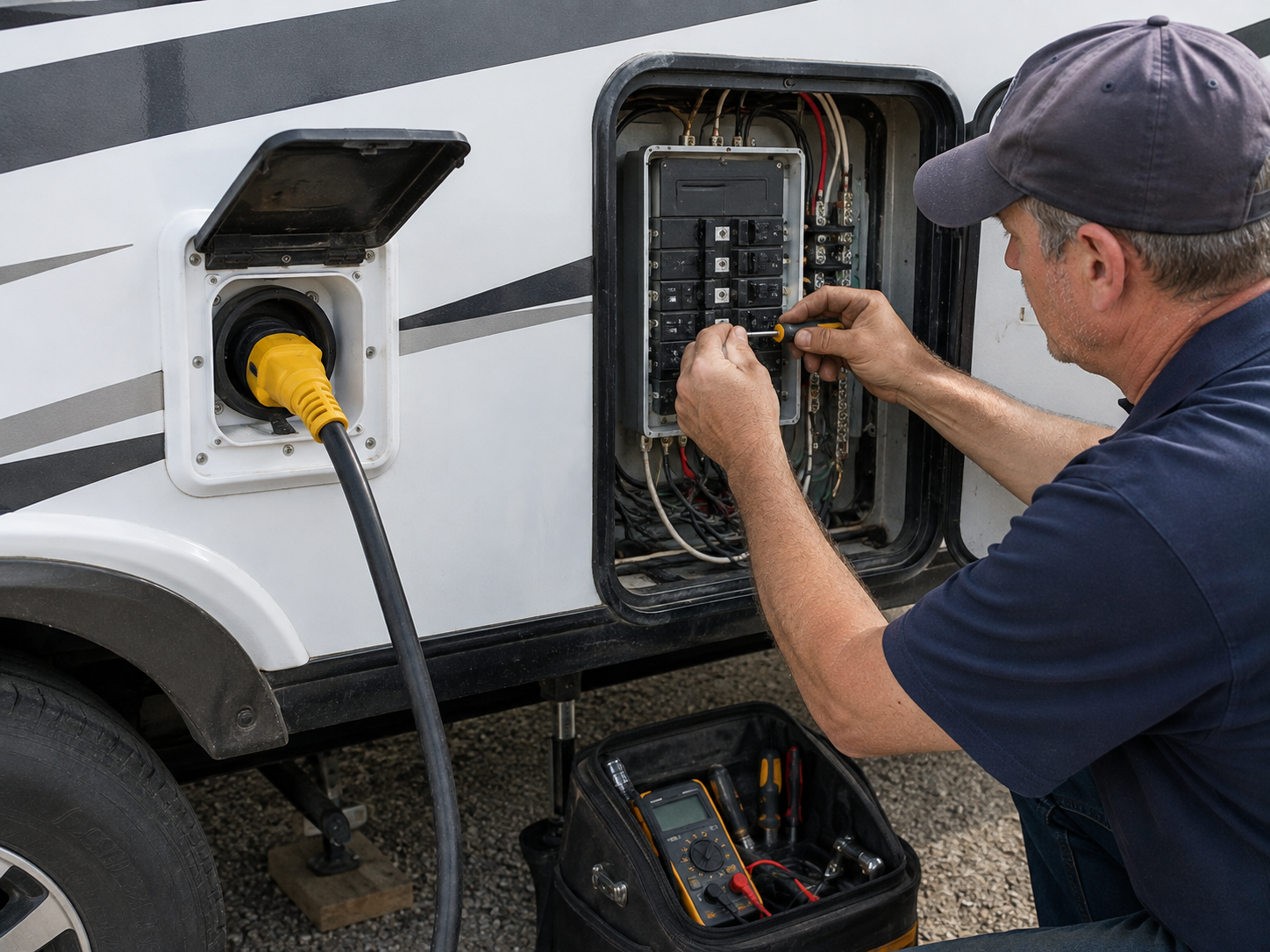 Man checking an RV’s electrical hookup panel beside a plugged-in power cable
