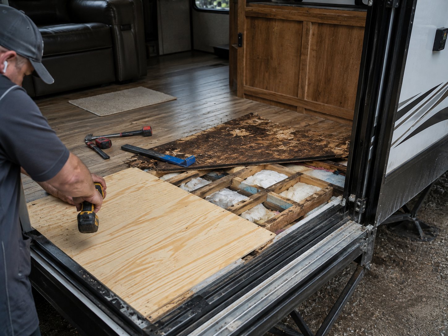 Man repairing damaged flooring inside a camper, with exposed subfloor and tools nearby