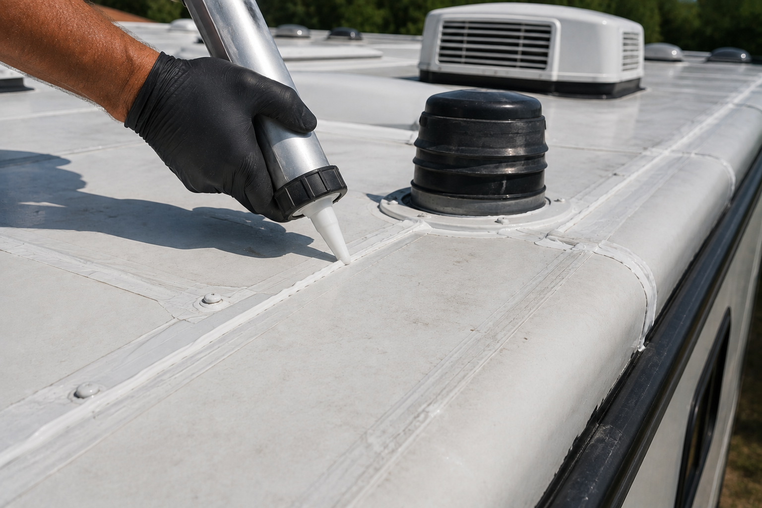 Gloved hand applying sealant to a white RV roof seam near a vent cover
