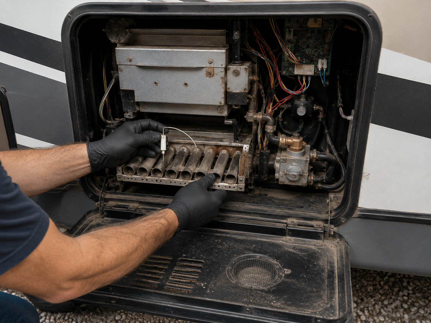 Mechanic repairing exposed equipment inside an open roadside service panel