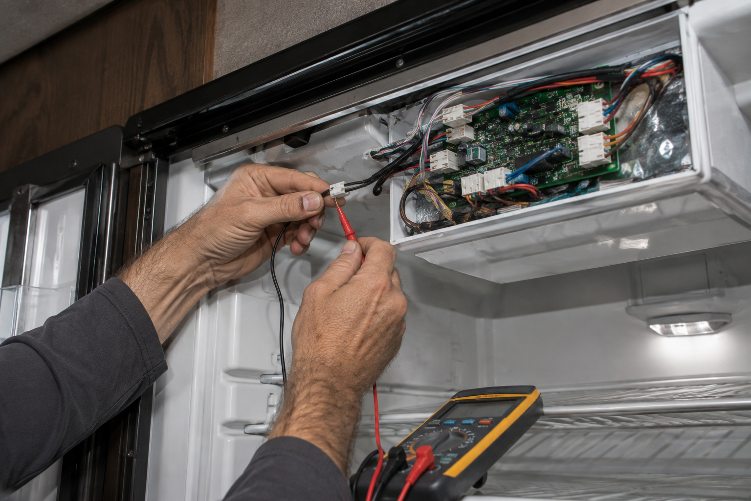 Hands wiring an open refrigerator control panel with tools inside the fridge.