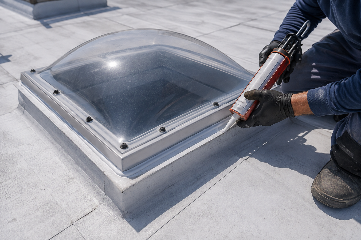 Worker sealing a rooftop skylight with caulk around the frame