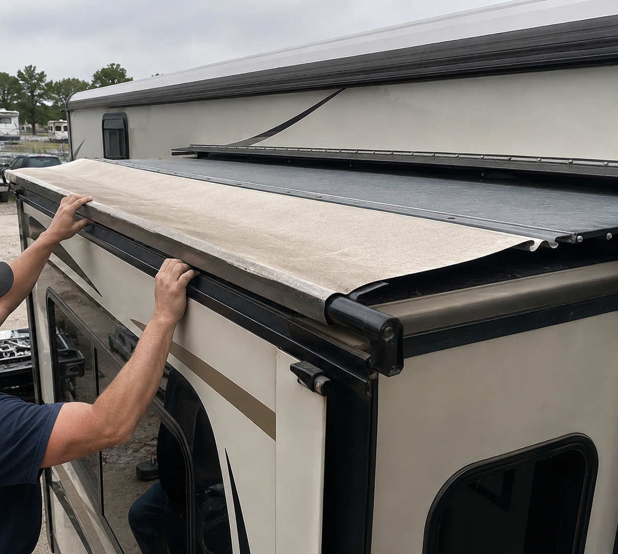 Person rolling up a white awning on a camper trailer outdoors