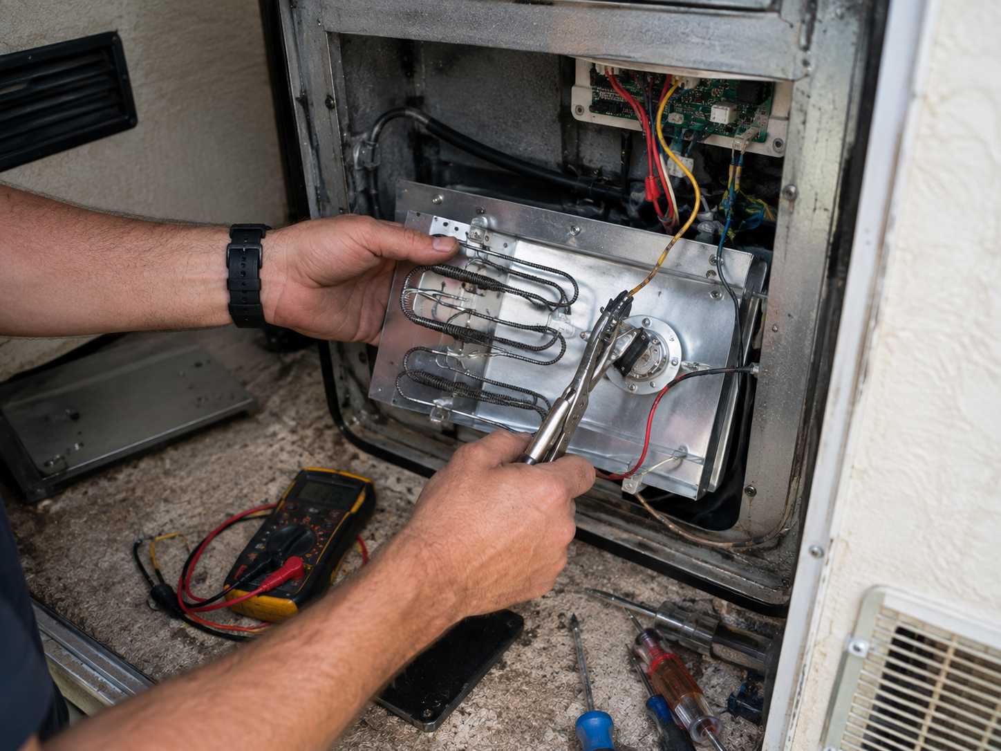 Technician installing a coiled heating element inside an open appliance with exposed wires