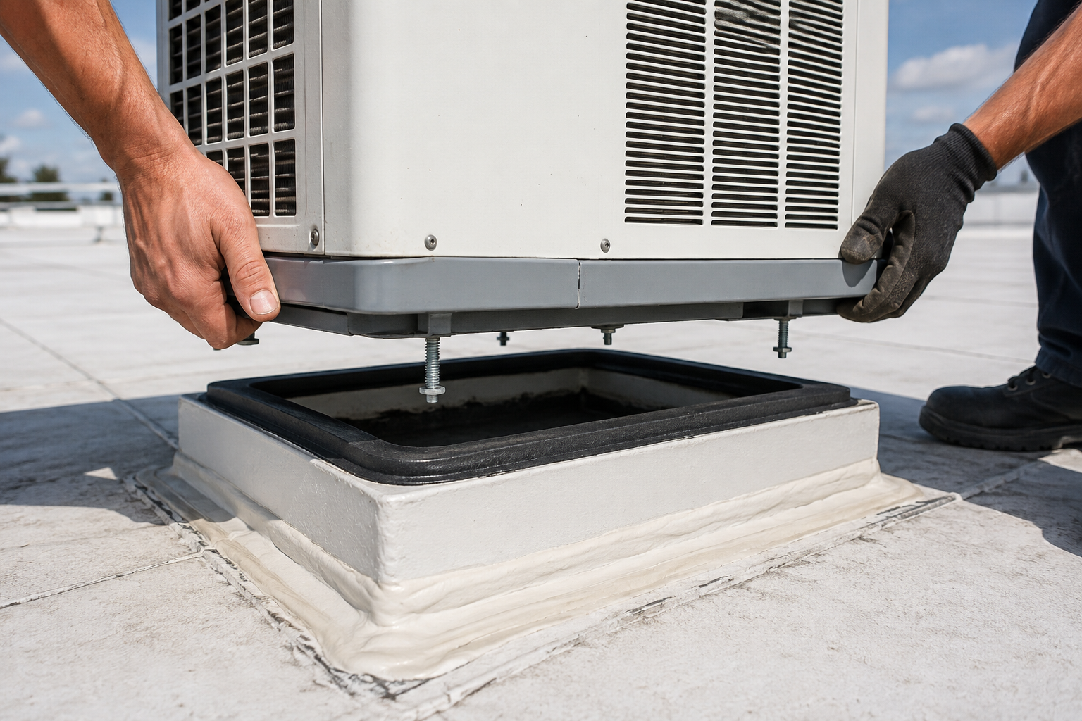 Technicians lifting an HVAC unit off a rooftop curb mount during maintenance