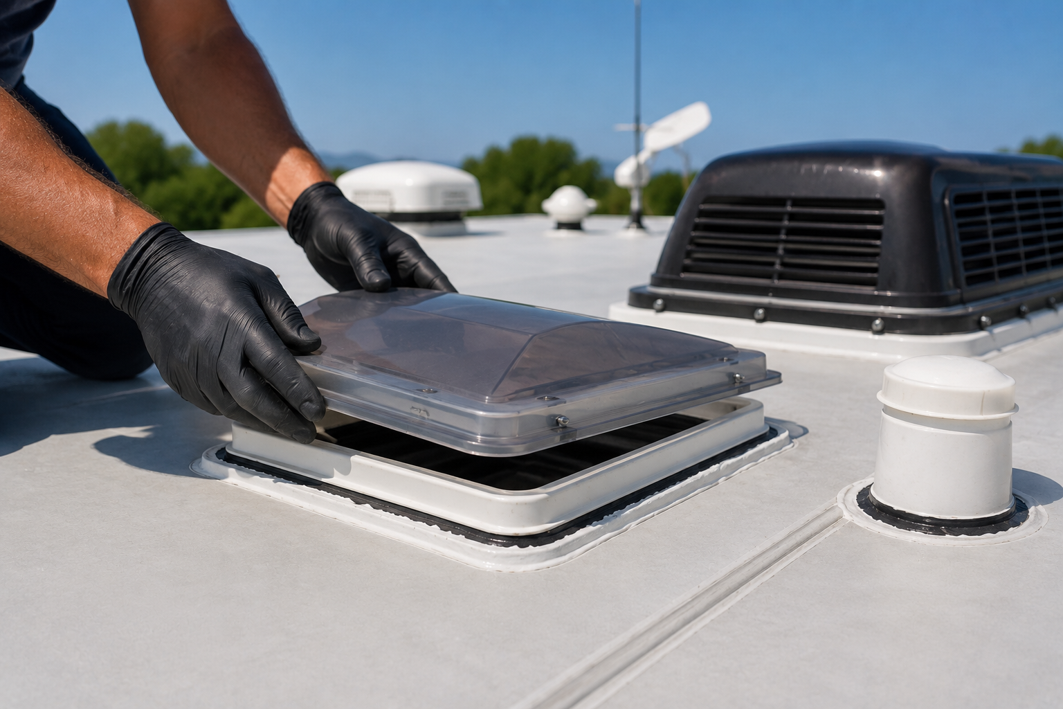 Gloved hands installing a rooftop solar panel on a white roof under a blue sky