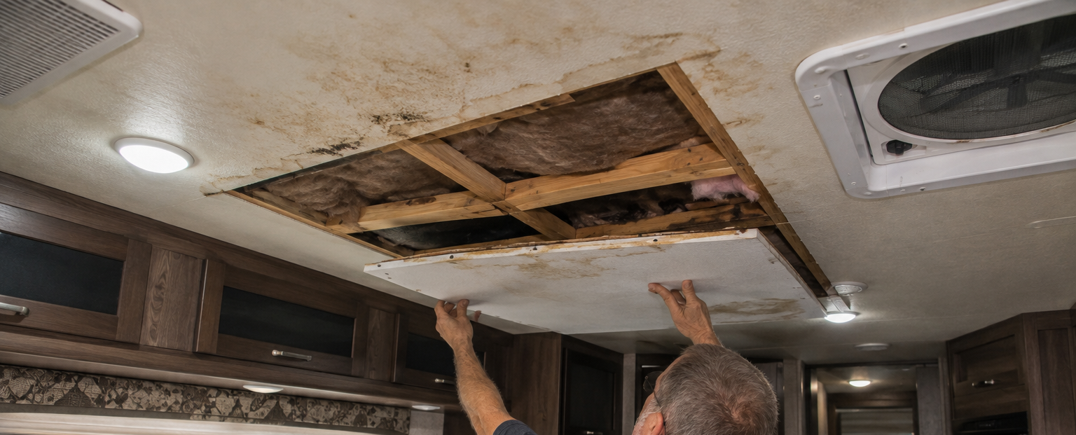 Person reaching up to inspect water-damaged ceiling panels inside an RV interior