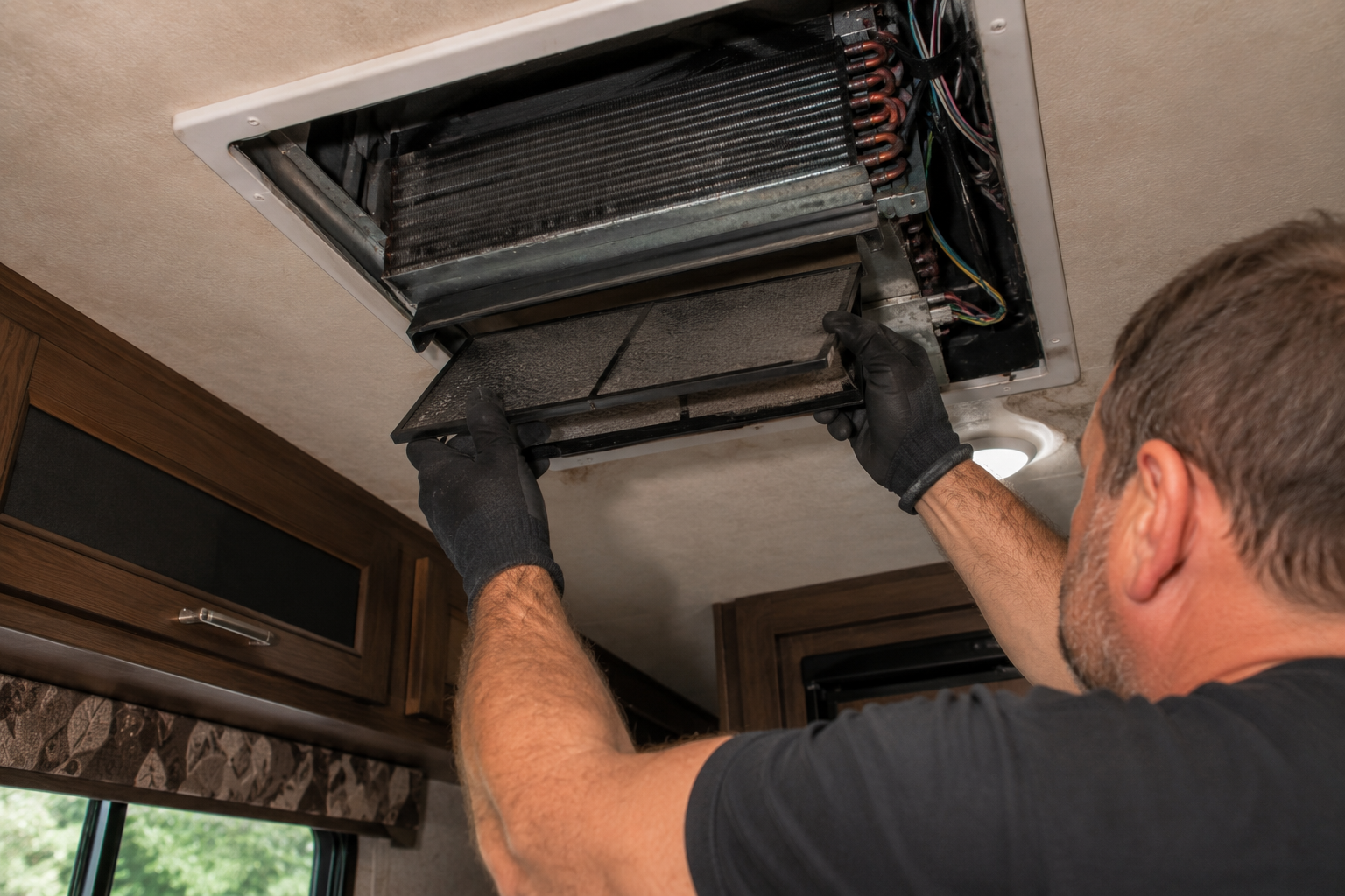 Technician installing a ceiling air filter or vent cover with gloved hands inside an RV or bus.