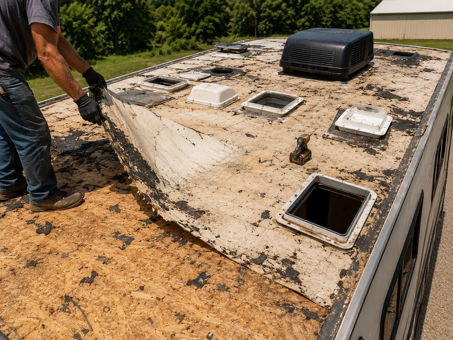 Worker inspecting damaged rooftop with open vent and scattered equipment after storm damage
