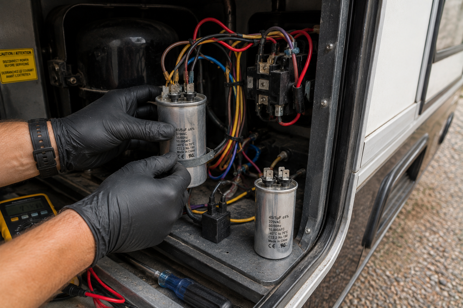 Gloved hands replacing a silver vehicle electrical capacitor amid exposed wires in an open service panel