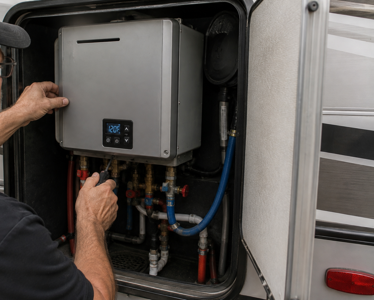Technician adjusting valves under a wall-mounted boiler in an RV utility compartment