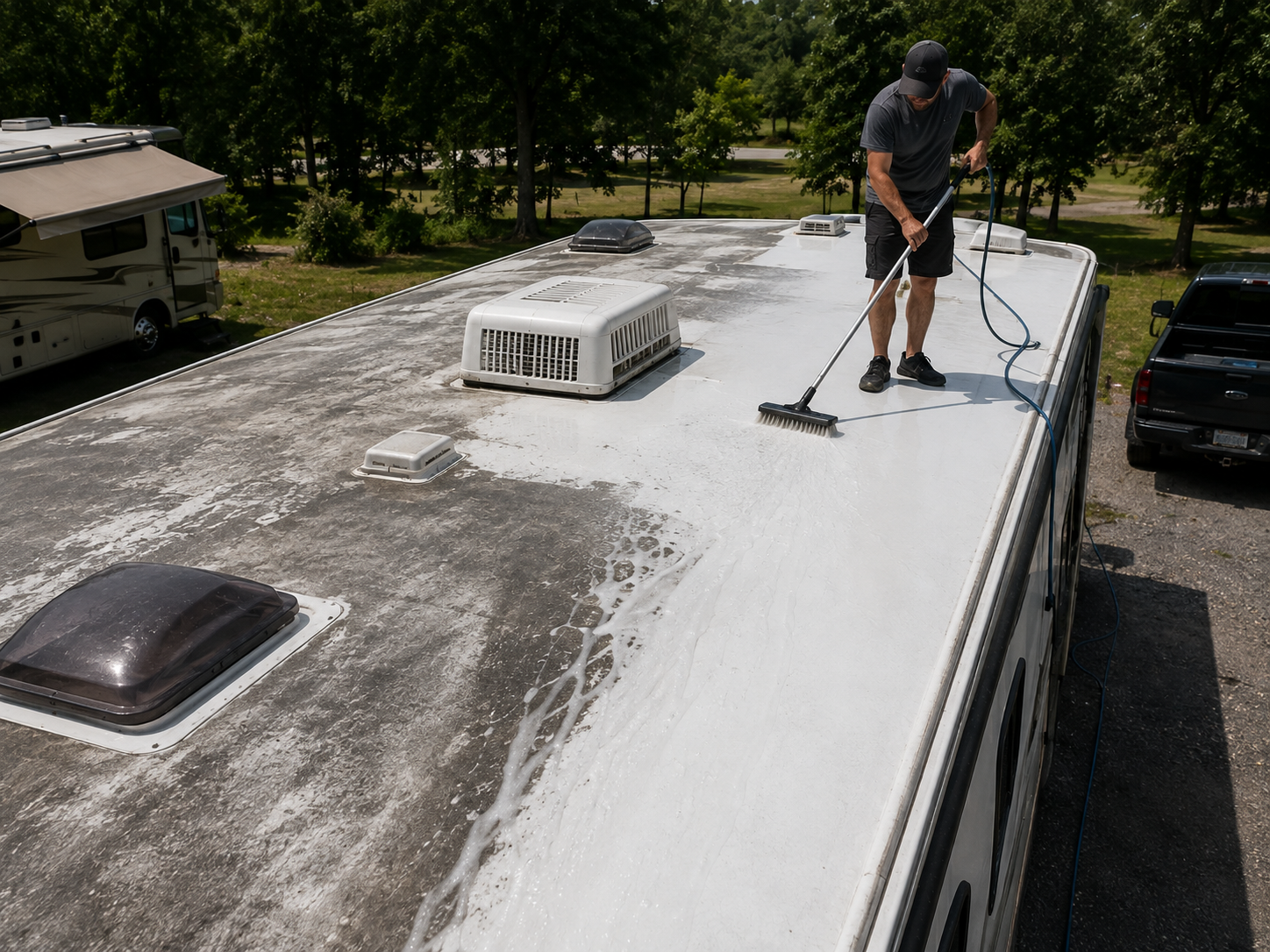 Person cleaning a white RV roof with a long-handled brush outdoors