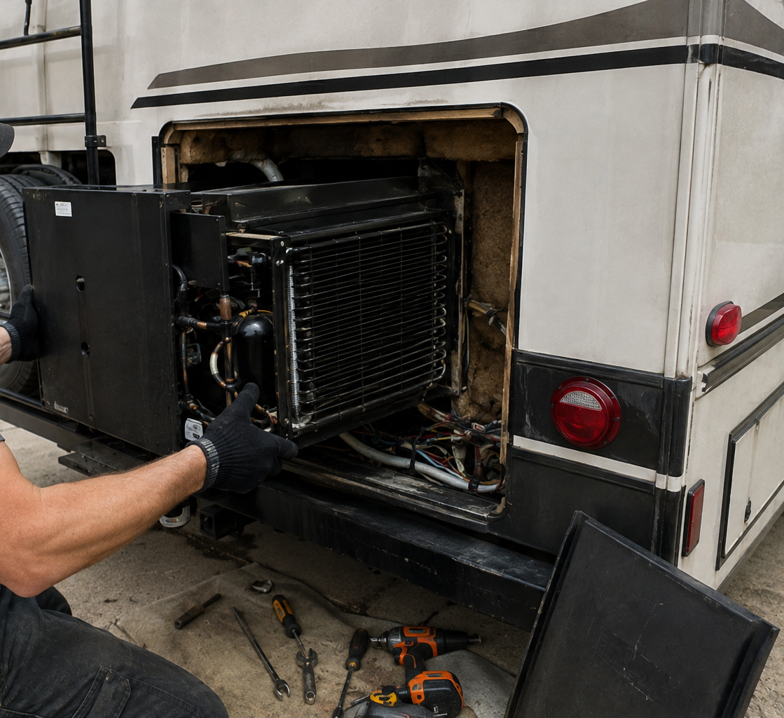 Worker removes a black vent panel from a white RV, exposing interior equipment.