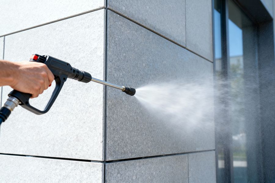 Person pressure-washing a gray building wall with water spray.