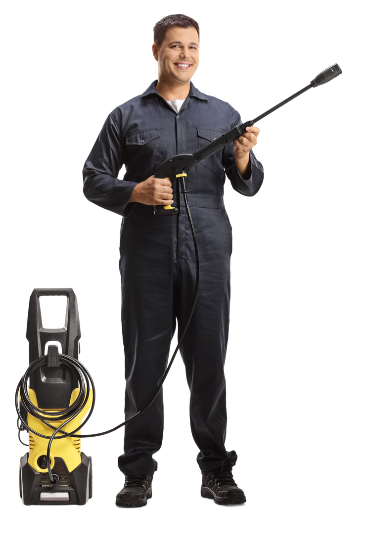 Man holding a pressure washer wand beside a yellow pressure washer on a white background