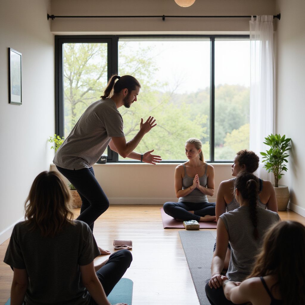 Yoga instructor leading a seated class in a bright studio with large windows