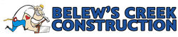 Logo for Belew's Creek Construction featuring a cartoon construction worker hammering a wood block. Dark blue text.